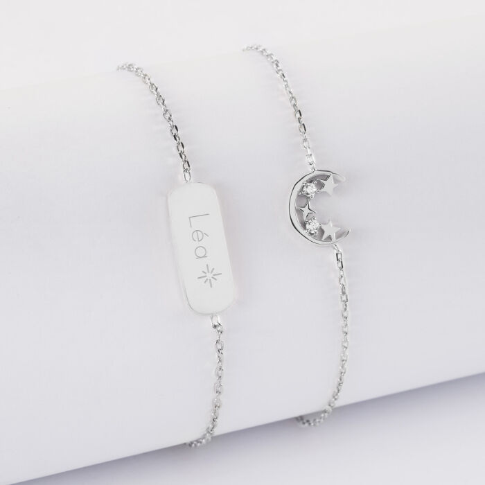 Duo bracelets personnalisés chaine lune scintillante et médaille gravée argent plaque 20x8 mm - HappyBulle x Capucine - étoile
