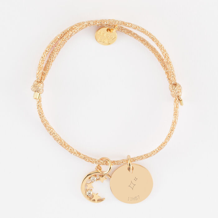 Bracelet personnalisé cordon pailleté médaille gravée plaqué or 15 mm et breloque lune scintillante 11 mm - HappyBulle x Capucine - 2 étoiles