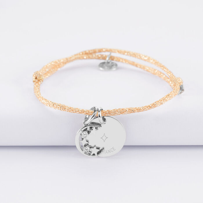 Bracelet personnalisé cordon pailleté médaille gravée argent 15 mm et breloque lune scintillante 11 mm - HappyBulle x Capucine - 1 étoile