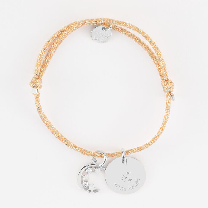 Bracelet personnalisé cordon pailleté médaille gravée argent 15 mm et breloque lune scintillante 11 mm - HappyBulle x Capucine - 3 étoiles