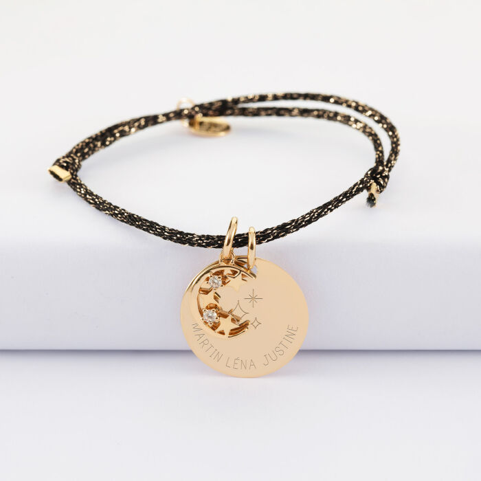 Bracelet personnalisé cordon pailleté médaille gravée plaqué or 19 mm et breloque lune scintillante 11 mm - HappyBulle x Capucine - 3 étoiles
