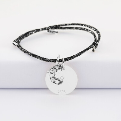 Bracelet personnalisé cordon pailleté médaille gravée argent 19 mm et breloque lune scintillante 11 mm - HappyBulle x Capucine - 1 étoile