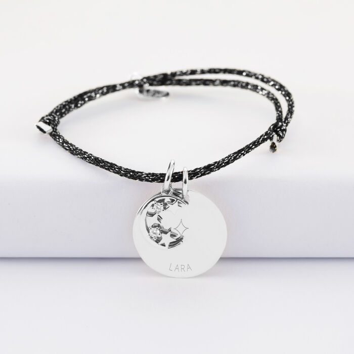 Bracelet personnalisé cordon pailleté médaille gravée argent 19 mm et breloque lune scintillante 11 mm - HappyBulle x Capucine - 1 étoile