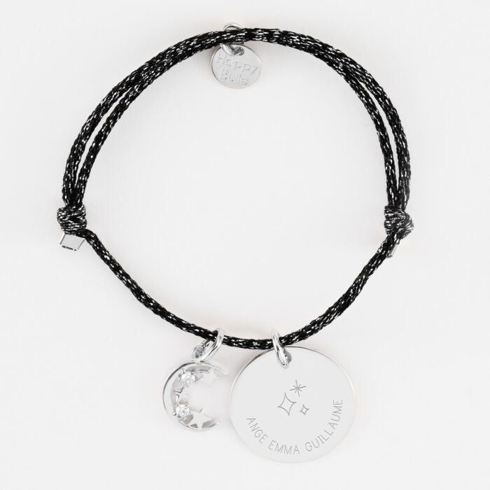 Bracelet personnalisé cordon pailleté médaille gravée argent 19 mm et breloque lune scintillante 11 mm - HappyBulle x Capucine - 3 étoiles