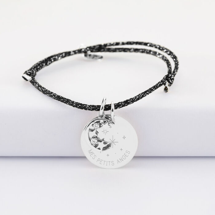 Bracelet personnalisé cordon pailleté médaille gravée argent 19 mm et breloque lune scintillante 11 mm - HappyBulle x Capucine - constellation