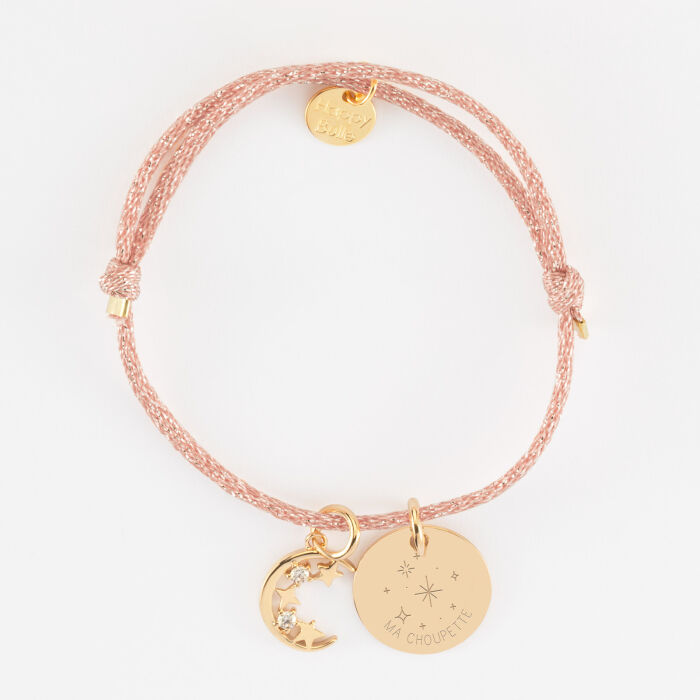 Bracelet enfant personnalisé cordon pailleté médaille gravée plaqué or 15 mm et breloque lune scintillante 11 mm - HappyBulle x Capucine - constellation