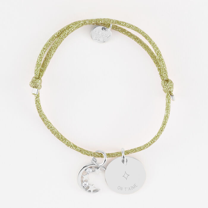 Bracelet enfant personnalisé cordon pailleté médaille gravée argent 15 mm et breloque lune scintillante 11 mm - HappyBulle x Capucine - 1 étoile