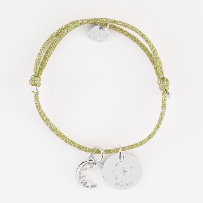Bracelet enfant personnalisé cordon pailleté médaille gravée argent 15 mm et breloque lune scintillante 11 mm - HappyBulle x Capucine - constellation