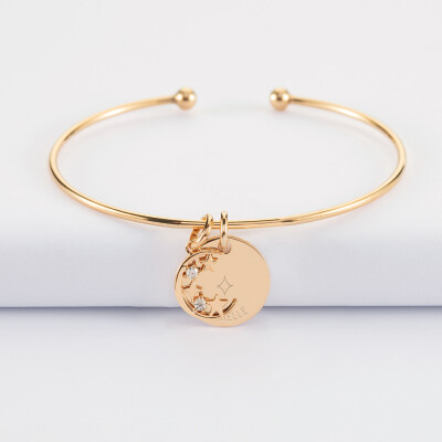 Bracelet personnalisé jonc ouvert boules plaqué or médaille gravée 15 mm et breloque lune scintillante 11 mm - HappyBulle x Capucine - 1 étoile