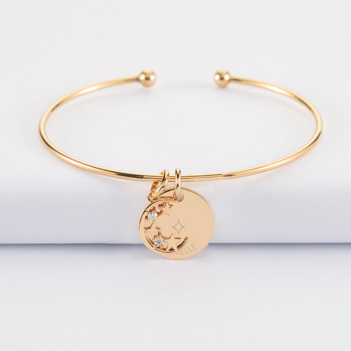 Bracelet personnalisé jonc ouvert boules plaqué or médaille gravée 15 mm et breloque lune scintillante 11 mm - HappyBulle x Capucine - 1 étoile