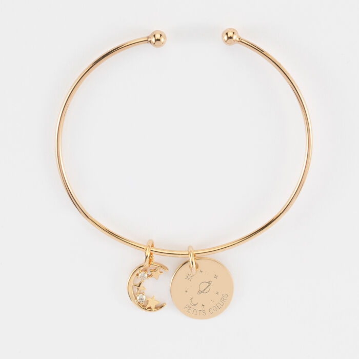 Bracelet personnalisé jonc ouvert boules plaqué or médaille gravée 15 mm et breloque lune scintillante 11 mm - HappyBulle x Capucine - galaxie