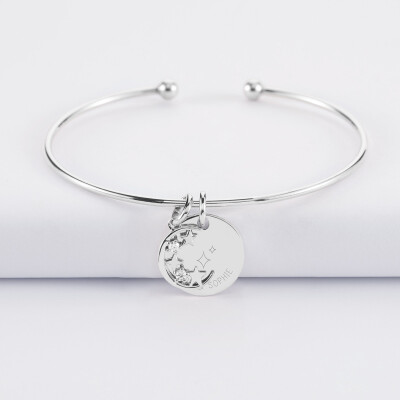 Bracelet personnalisé jonc ouvert boules argent médaille gravée 15 mm et breloque lune scintillante 11 mm - HappyBulle x Capucine - 2 étoiles