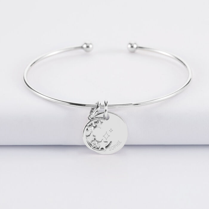 Bracelet personnalisé jonc ouvert boules argent médaille gravée 15 mm et breloque lune scintillante 11 mm - HappyBulle x Capucine - 2 étoiles