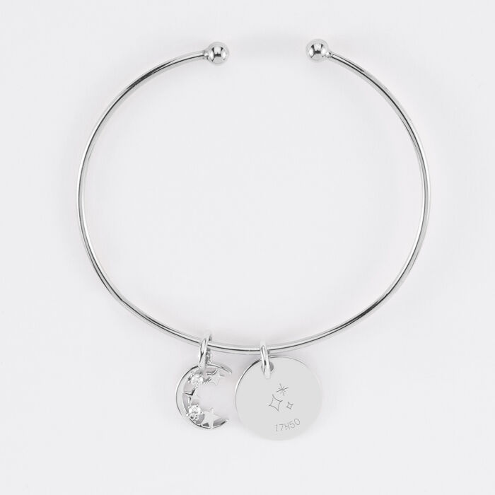 Bracelet personnalisé jonc ouvert boules argent médaille gravée 15 mm et breloque lune scintillante 11 mm - HappyBulle x Capucine - 3 étoiles