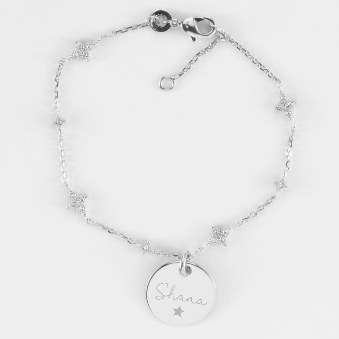 Bracelet chaîne scintillant personnalisé médaille gravée argent 15 mm - Shana