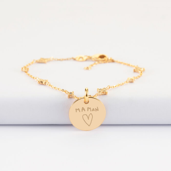 Bracelet chaîne scintillant personnalisé médaille gravée plaqué or 15 mm - dessin