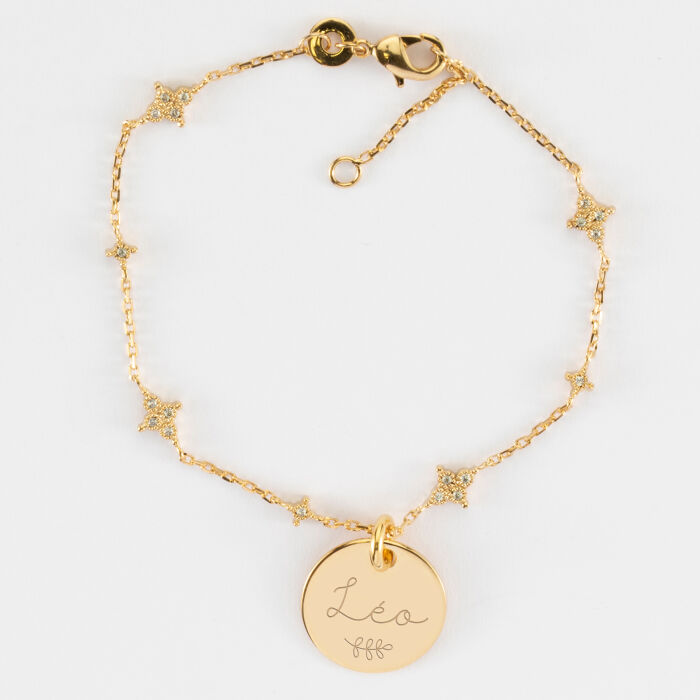 Bracelet chaîne scintillant personnalisé médaille gravée plaqué or 15 mm - Léo