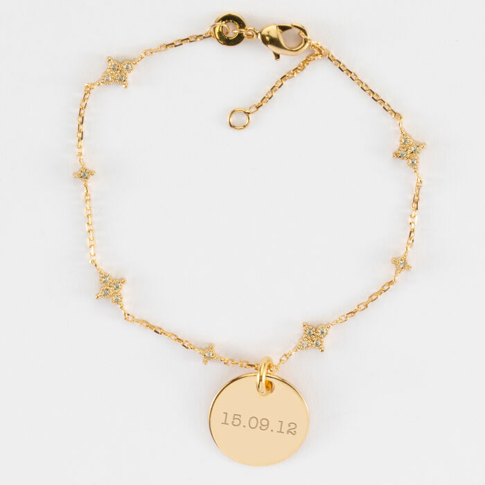 Bracelet chaîne scintillant personnalisé médaille gravée plaqué or 15 mm