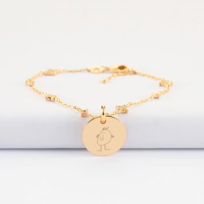 Bracelet chaîne scintillant personnalisé médaille gravée plaqué or 15 mm - dessin