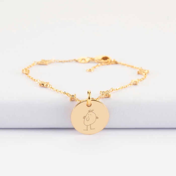 Bracelet chaîne scintillant personnalisé médaille gravée plaqué or 15 mm - dessin