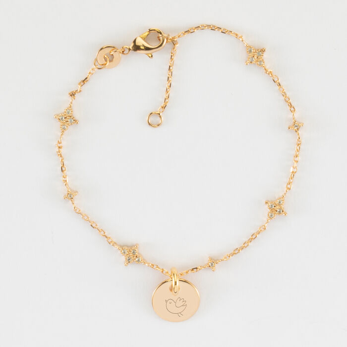 Bracelet chaîne scintillant personnalisé médaille gravée plaqué or 10 mm - oiseau