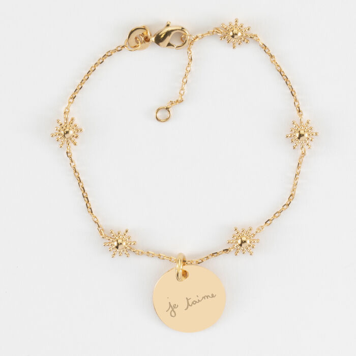 Bracelet chaîne étoile brillante personnalisé médaille gravée plaqué or 15 mm - écrit