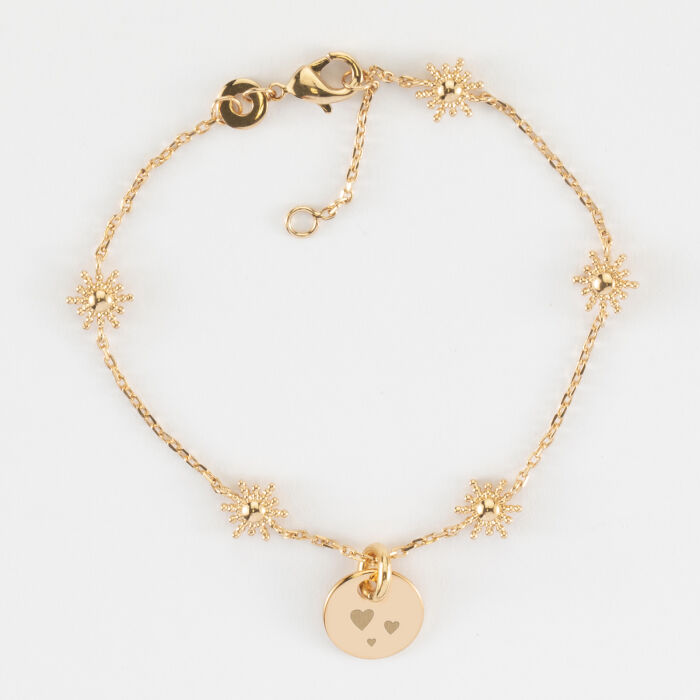 Bracelet chaîne étoile brillante personnalisé médaille gravée plaqué or 10 mm - picto trois coeurs