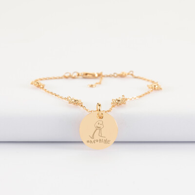 Bracelet chaîne étoile brillante personnalisé médaille gravée plaqué or 15 mm - dessin