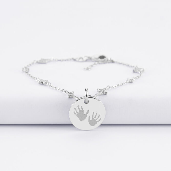 Bracelet chaîne scintillant personnalisé médaille gravée argent 15 mm - empreintes