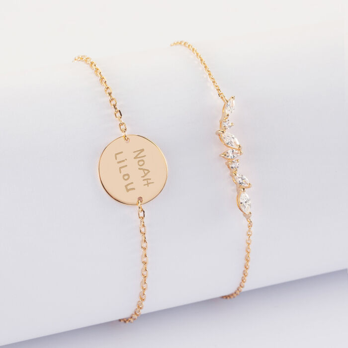 Duo bracelets personnalisés chaine barrette scintillante et médaille gravée plaqué or 2 trous 15 mm - écrit