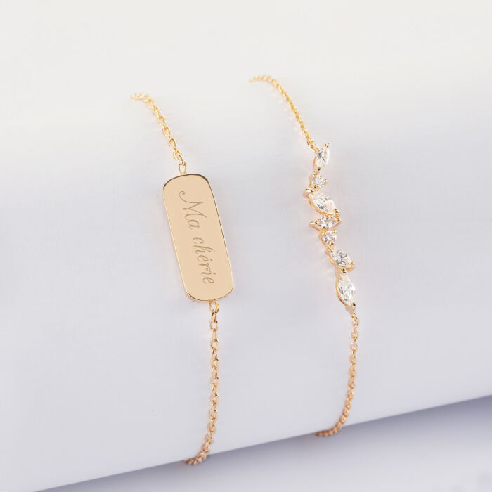 Duo bracelets personnalisés chaine barrette scintillante et médaille gravée plaqué or plaque 20x8 mm