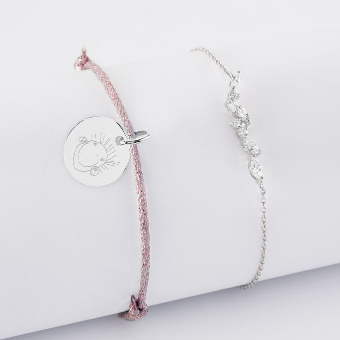 Duo bracelets personnalisés chaine barrette scintillante et cordon pailleté médaille gravée argent 15 mm - dessin