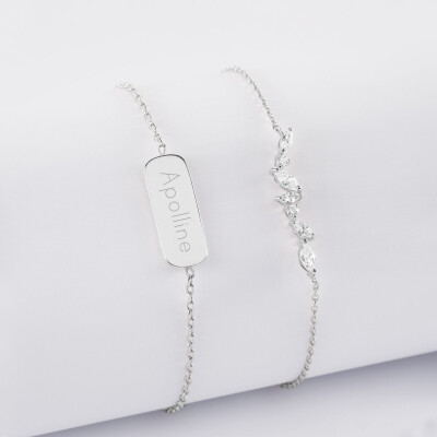 Duo bracelets personnalisés chaine barrette scintillante et médaille gravée argent plaque 20x8 mm - prénom