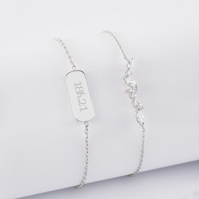 Duo bracelets personnalisés chaine barrette scintillante et médaille gravée argent plaque 20x8 mm - heure