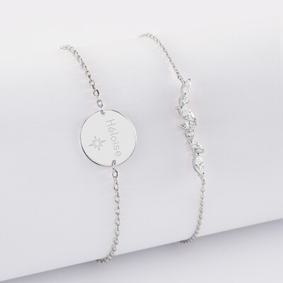 Duo bracelets personnalisés chaine barrette scintillante et médaille gravée argent 2 trous 15 mm - texte + picto