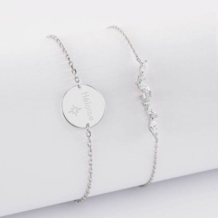 Duo bracelets personnalisés chaine barrette scintillante et médaille gravée argent 2 trous 15 mm - texte + picto