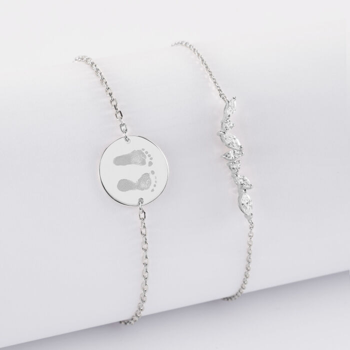 Duo bracelets personnalisés chaine barrette scintillante et médaille gravée argent 2 trous 15 mm - empreinte