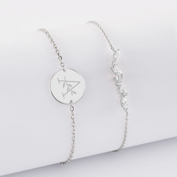 Duo bracelets personnalisés chaine barrette scintillante et médaille gravée argent 2 trous 15 mm - illustration a