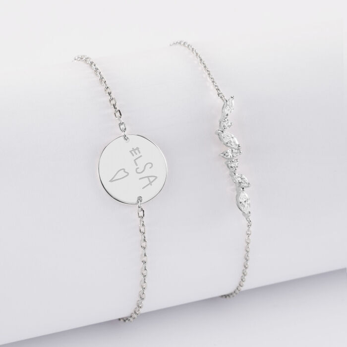 Duo bracelets personnalisés chaine barrette scintillante et médaille gravée argent 2 trous 15 mm - écrit