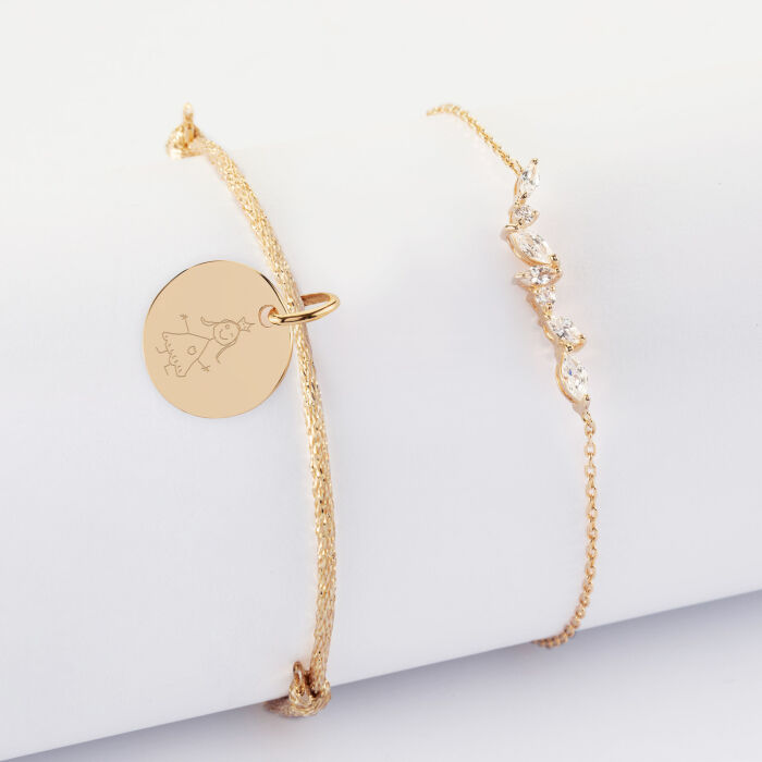 Duo bracelets personnalisés chaine barrette scintillante et cordon pailleté médaille gravée plaqué or 15 mm - dessin