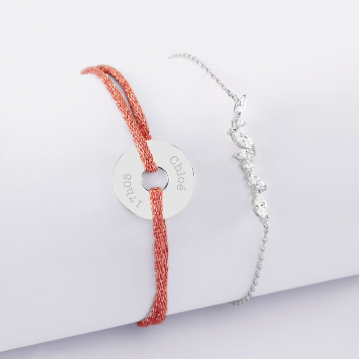 Duo bracelets personnalisés chaine barrette scintillante et cordon pailleté médaille gravée argent cible 16 mm - 2 prénoms