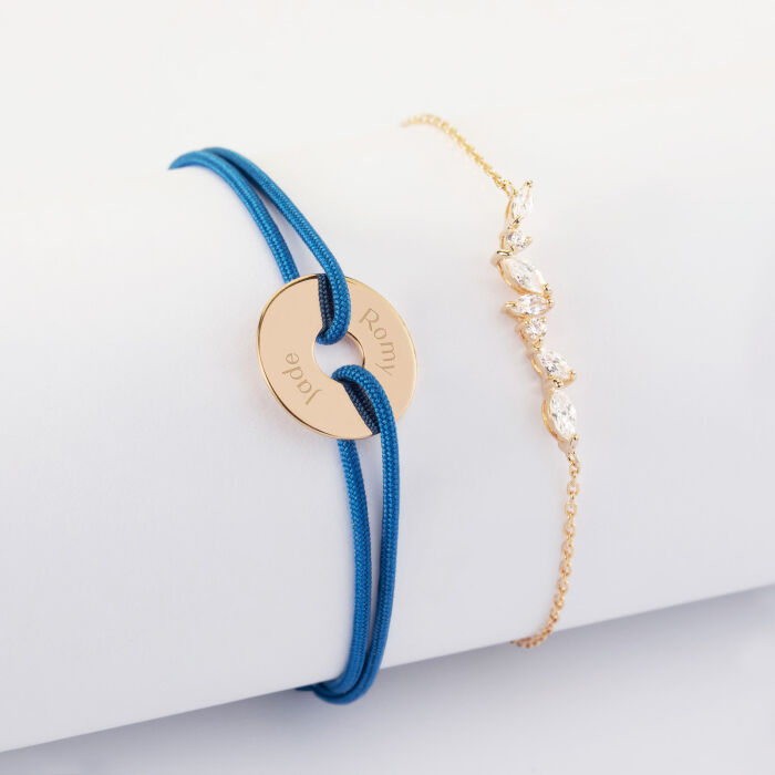 Duo bracelets personnalisés chaine barrette scintillante et médaille gravée plaqué or cible 16 mm