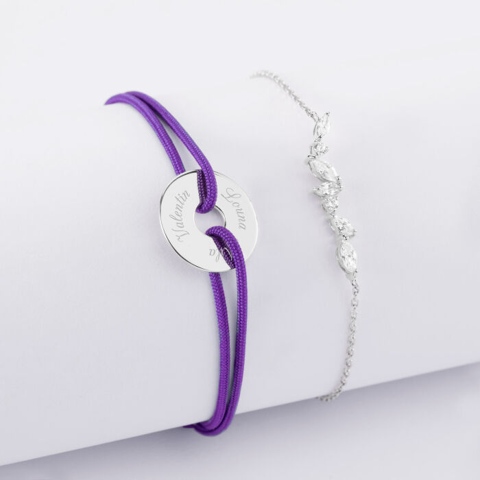Duo bracelets personnalisés chaine barrette scintillante et cordon médaille gravée argent cible 16 mm - 3 prénoms