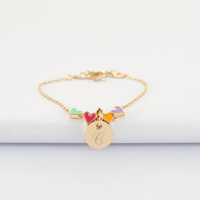 Bracelet chaîne enfant cœur email multicolore personnalisé médaille gravée plaqué or 10 mm