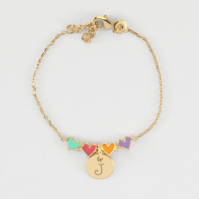 Bracelet chaîne enfant cœur email multicolore personnalisé médaille gravée plaqué or 10 mm