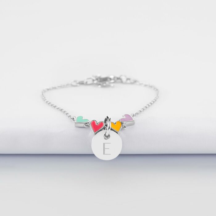 Bracelet chaîne enfant cœur email multicolore personnalisé médaille gravée argent 10 mm