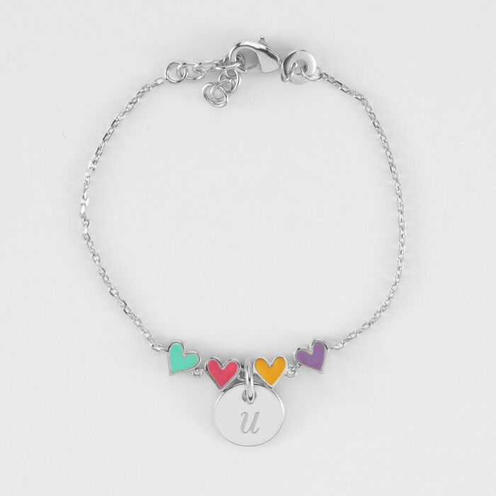 Bracelet chaîne enfant cœur email multicolore personnalisé médaille gravée argent 10 mm