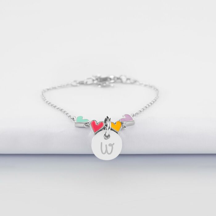 Bracelet chaîne enfant cœur email multicolore personnalisé médaille gravée argent 10 mm