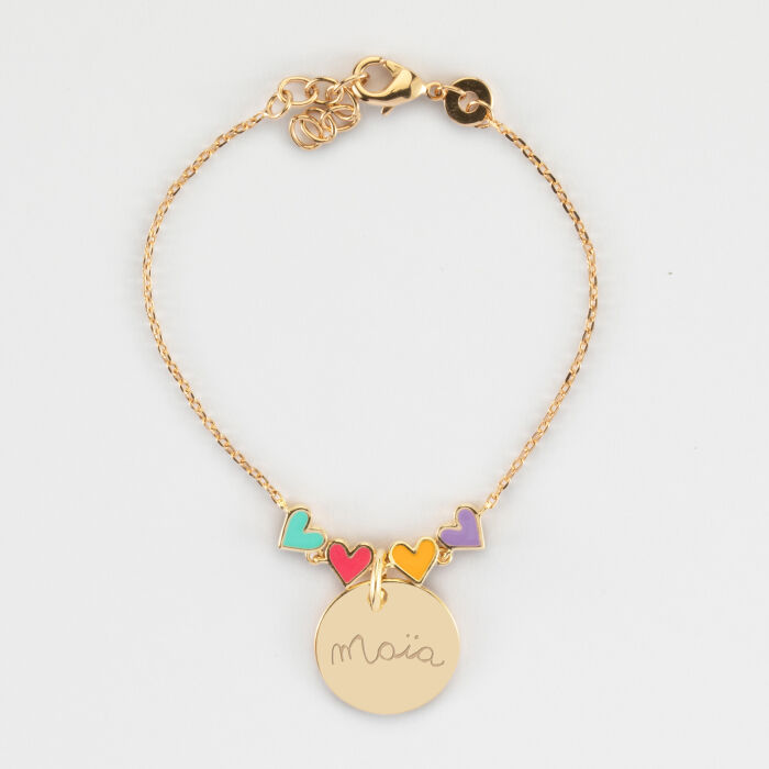 Bracelet chaîne enfant cœur email multicolore personnalisé médaille gravée plaqué or 15 mm