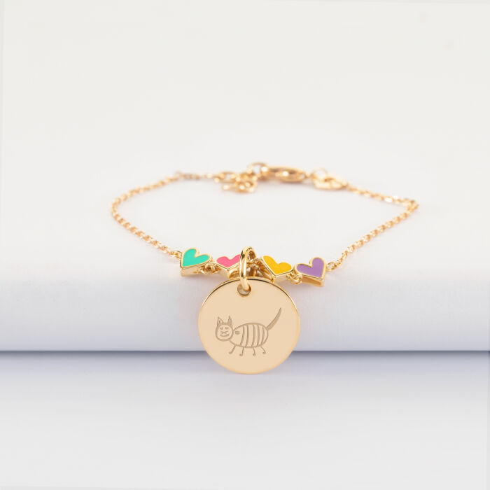 Bracelet chaîne enfant cœur email multicolore personnalisé médaille gravée plaqué or 15 mm - chat